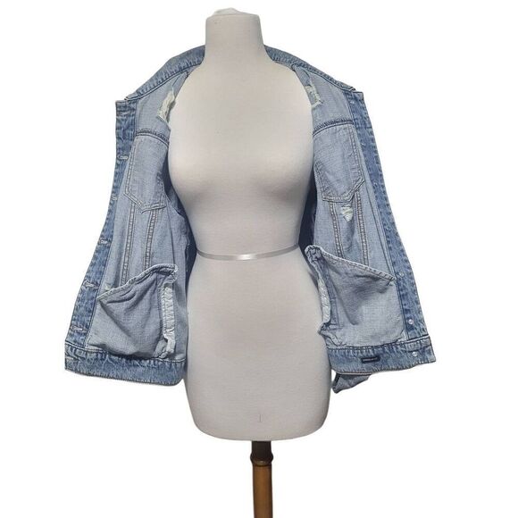 See Thru Soul Distressed Blue Jean Denim Boyfriend Jacket Women Size Medium - Picture 4 of 16